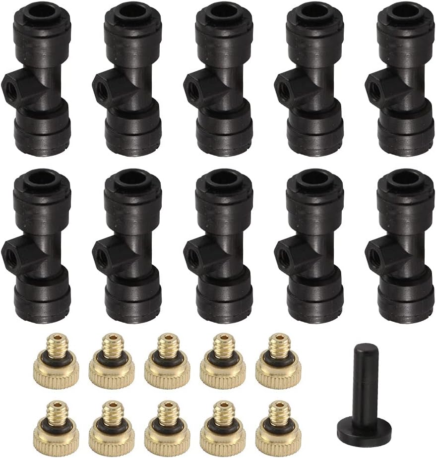 SPENCER 20 Pack Brass Misting Nozzles Kit, 0.4mm 1024 UNC, 20pcs Thread Misting Nozzle Tees 14 Slip Lock with 2pcs Plug for Outdoor Cooling System Patio Misting System Nozzles Replacement White