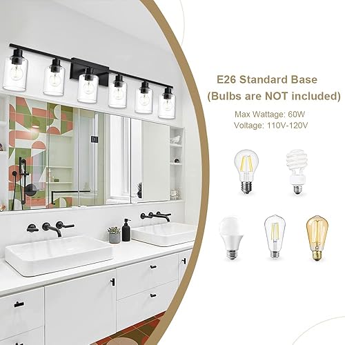 Miniatura 5 de VINLUZ Lámparas de tocador de baño, 6 luces de color negro mate moderno con base de metal de pared con pantalla de vidrio transparente para espejo