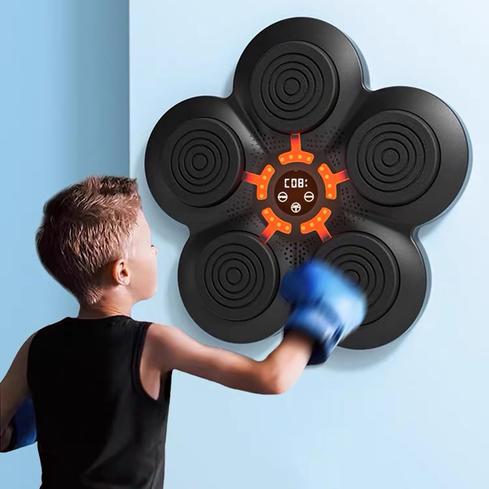 Machine d'entraînement de boxe musicale, équipement de frappe mural intelligent avec gants de boxe professionnels, mode de vitesse à 9 vitesses, réaction main/œil/vitesse pour soulager le stress