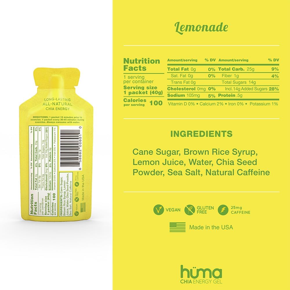 Huma Chia Energy Gel, Lemonade, 24 Gels, 25mg Caffeine - Sports Nutrition for Endurance Exercise