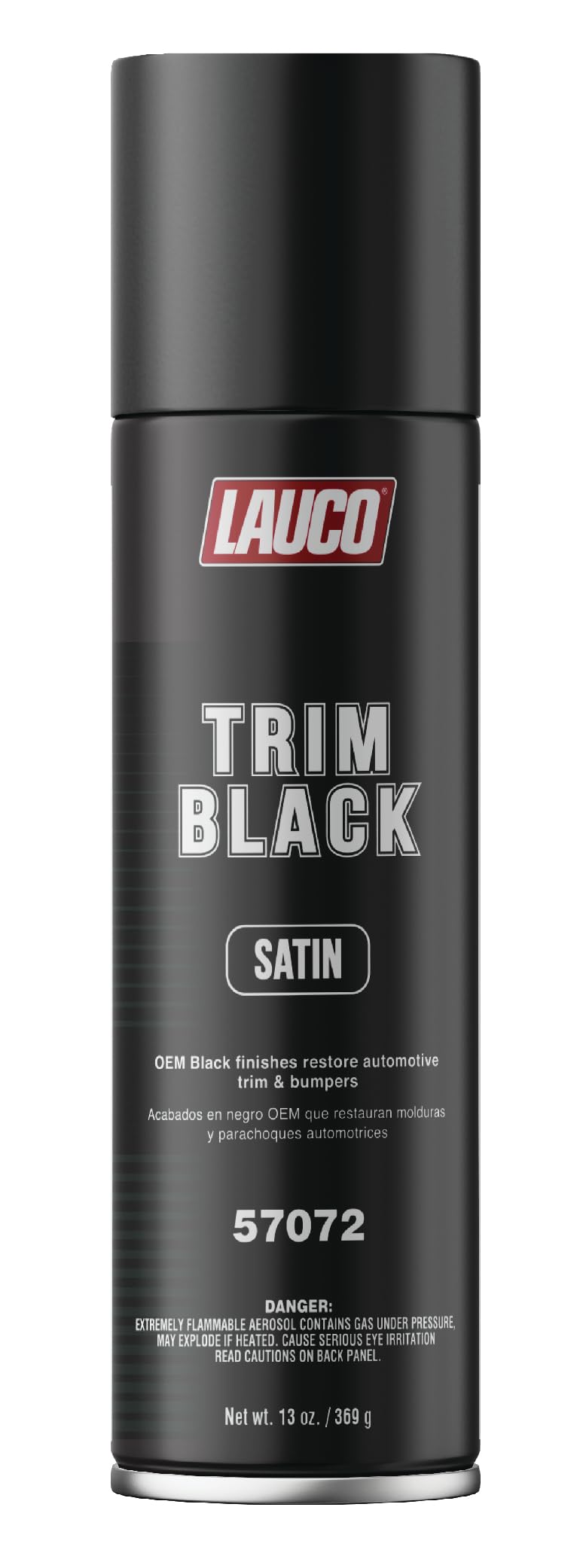 Lata de pintura en aerosol automotriz LAUCO Trim Black Satin de 13 oz. Pintura en aerosol negra para autos con acabado satinado. Diseñada para plástico, aluminio, acero y acero inoxidable.
