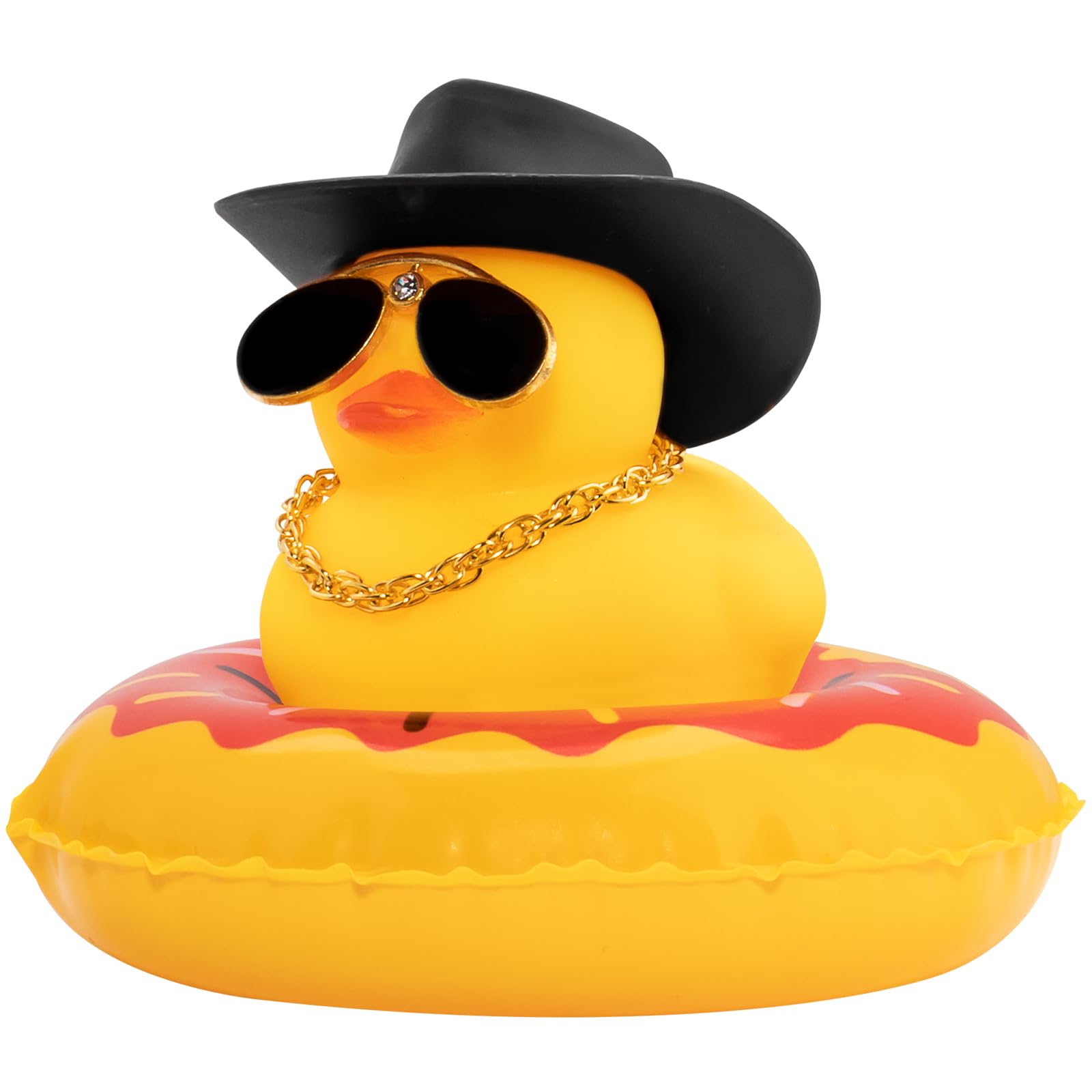 wonuu Swim Ring Rubber Ducks with Mini Diamond Glasses Hat Necklace for Cars Dashboard Decorations Car Accessories Toy Duck Car Ornament, Cowboy Hat Black- red Donut Swim Ring