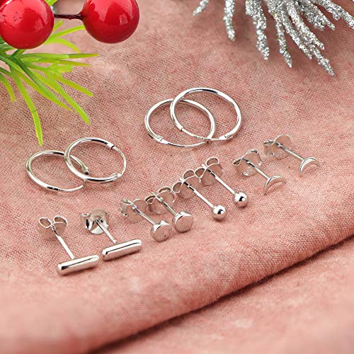 Milacolato 8 Pairs Sterling Silver Stud Earrings Set For Women 14K White Gold Plated Ball Dot Cz Star Moon Bar Tiny Earring Small Hoop Cartilage Earrings Set #TOP3