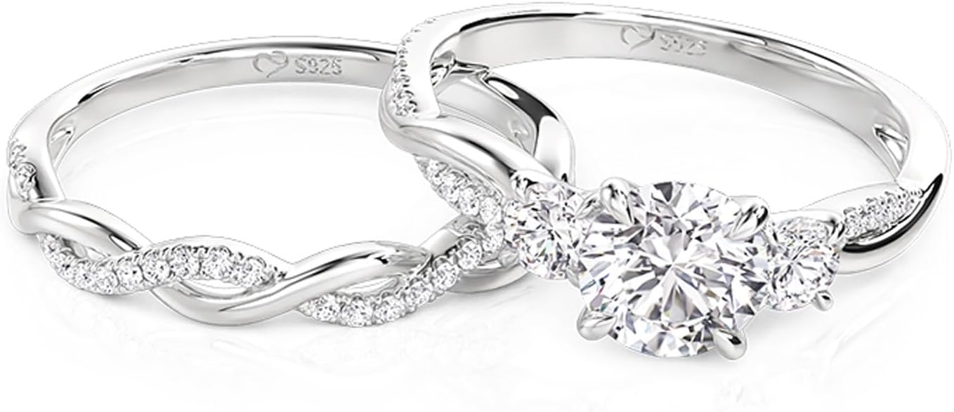 Jeulia Round/Princess Cut Wedding Ring Sets for Women Three Stone Bridal Sets Engagement Ring Set CZ Twisting Infinity Pave Set 925 Sterling Silver Free Engraving