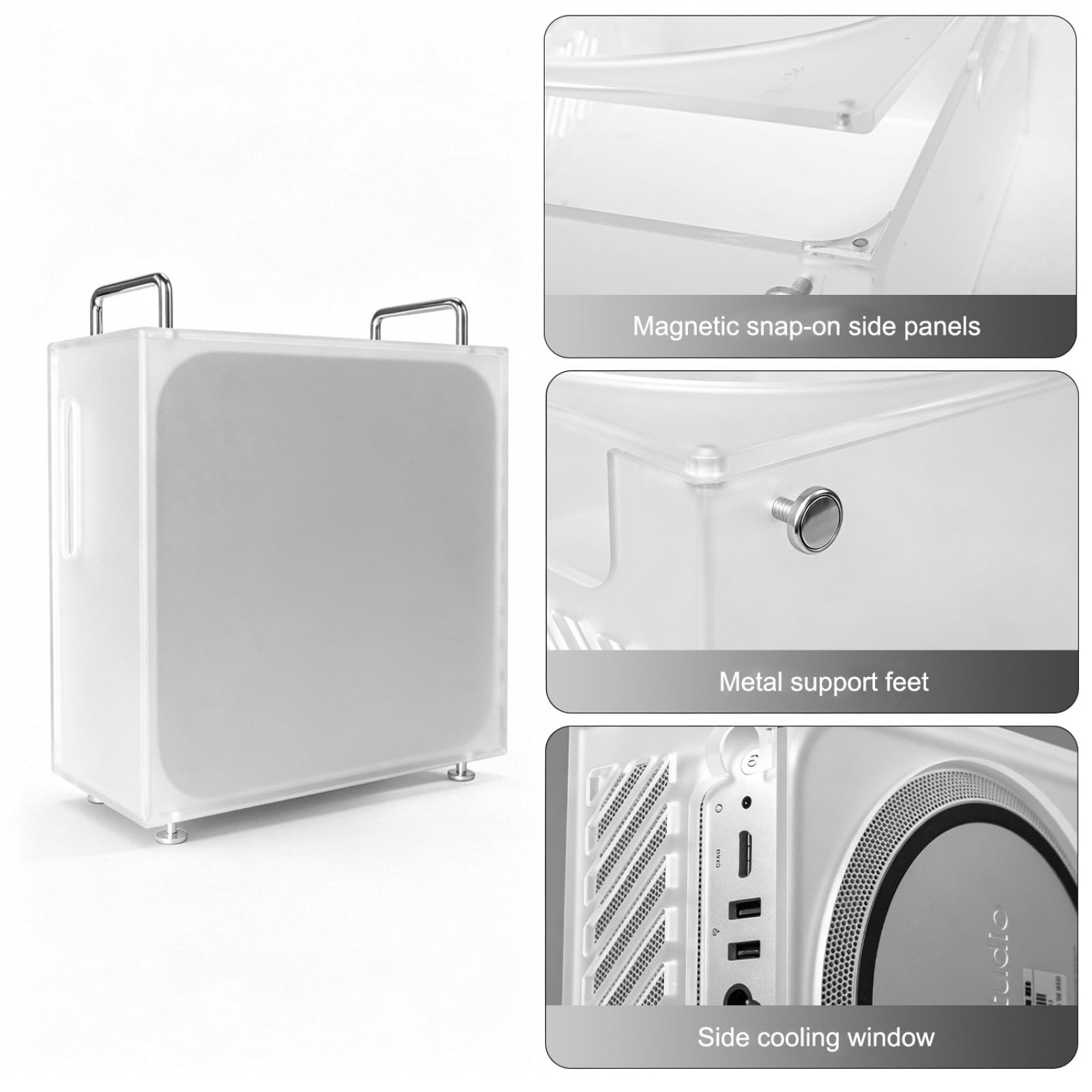 Funda con soporte para Mac Studio M1/M2/M4 Ultra, funda vertical de acrílico esmerilado con cubierta lateral magnética de acceso completo al puerto, ventilación refrescante, antiarañazos, a prueba de