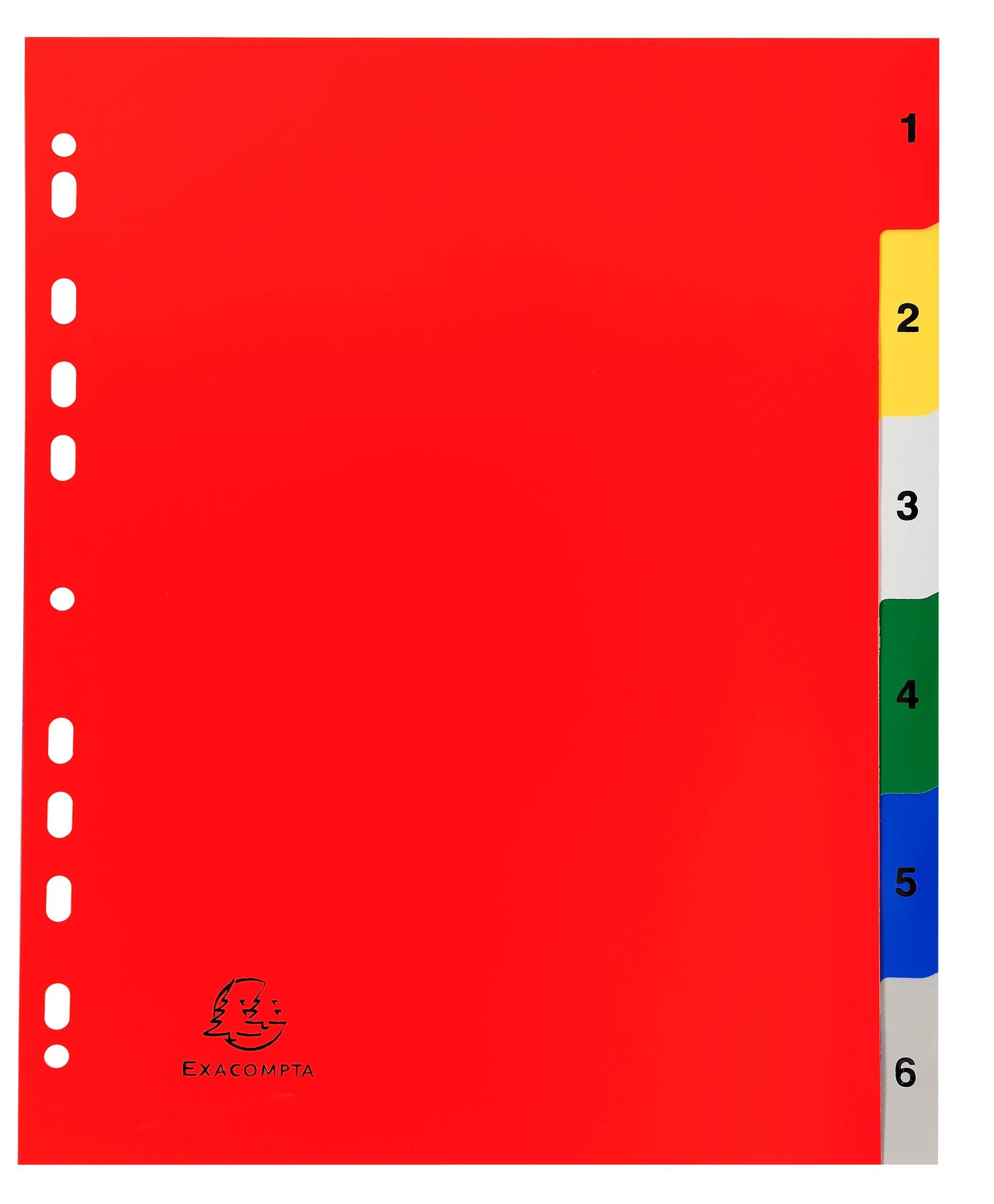 Exacompta - Ref 2506E - Box of 20 Polypropylene dividers with 6 Digitally Printed tabs from 1 to 6 in Colour - Indexing Page for indexing - Format to File A4 Maxi - 24.5 x 29.7 cm