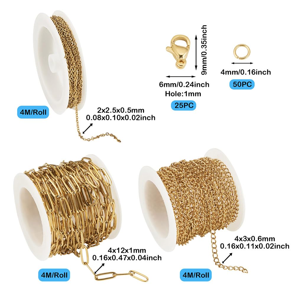 Boutigem 3 rotoli da 12 m di catena in acciaio inox dorato, kit per la creazione di braccialetti e collane, catena a maglia barbazzale ovale in metallo, per la creazione di gioielli fai da te
