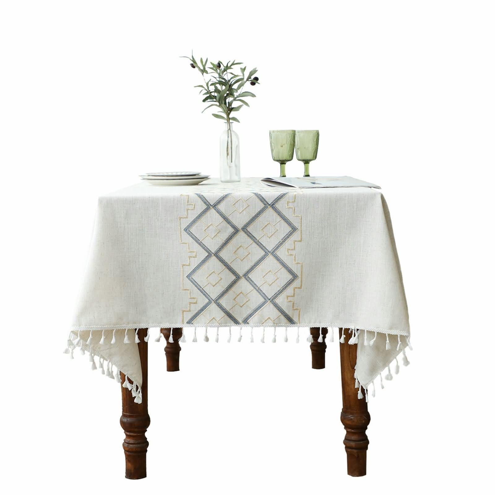 Mantel Rectangular Gris Azul Mesa Exterior, Bordado de Rombos con Borlas, de Algodón y Lino Elegante, 110 x 170 cm, Mantel para Comedor
