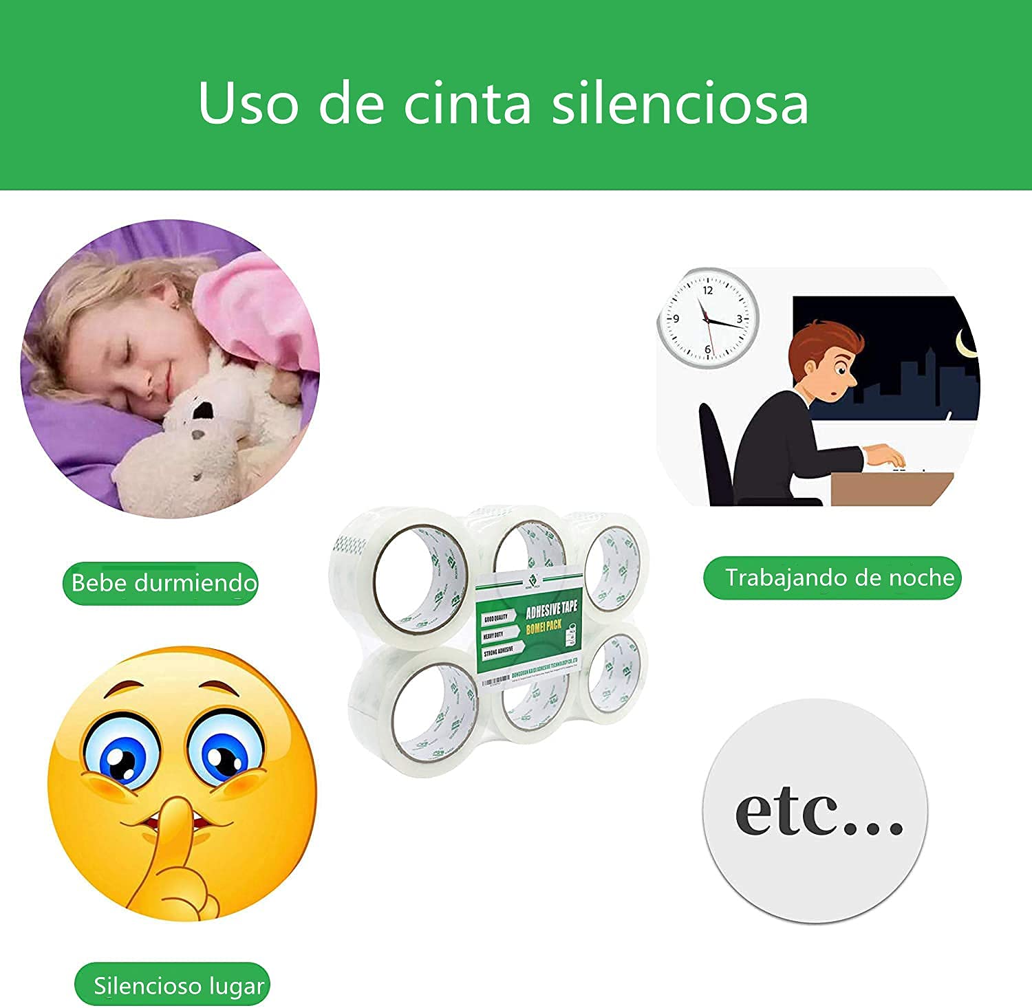 BOMEI PACK 12 Rollos Silencioso Cinta Embalar Adhesiva 48MMx 66M, para Cajas y Paquetes, 60micron Silencioso Cinta Adhesiva con dispensador