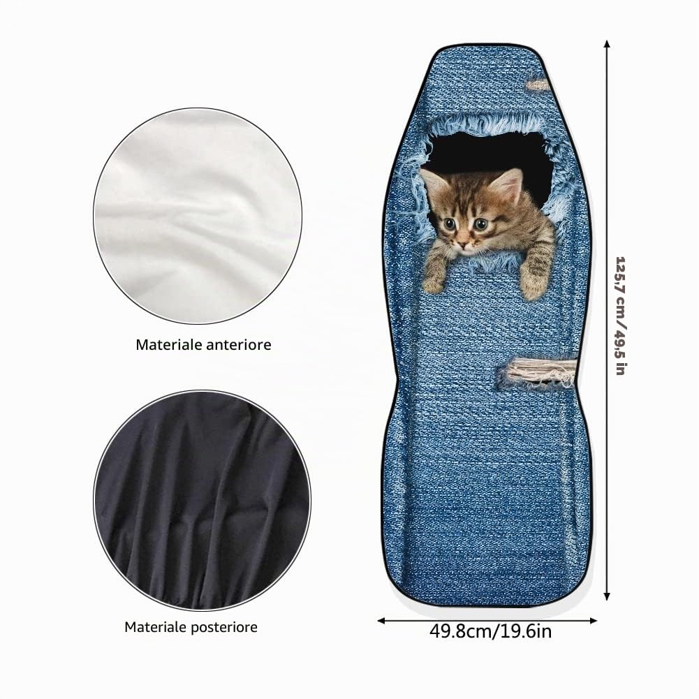 chaqlin Set completo di 2 coprisedili per auto universali in denim con stampa gatto 3D per uomo e donna, resistenti e antiscivolo