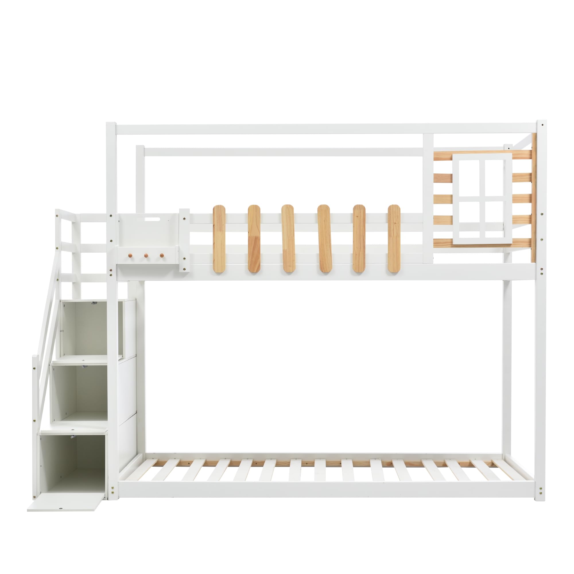 Aoskem Kinderbett Etagenbett 90x200 cm für 2 Kinder, Hochbett Hausbett mit Treppe Stauraum, Holzbett mit Fenster & Gitter, Bettgestell Kinderbett mit Rausfallschutz & Lattenrost, Ohne Matratze, Weiß
