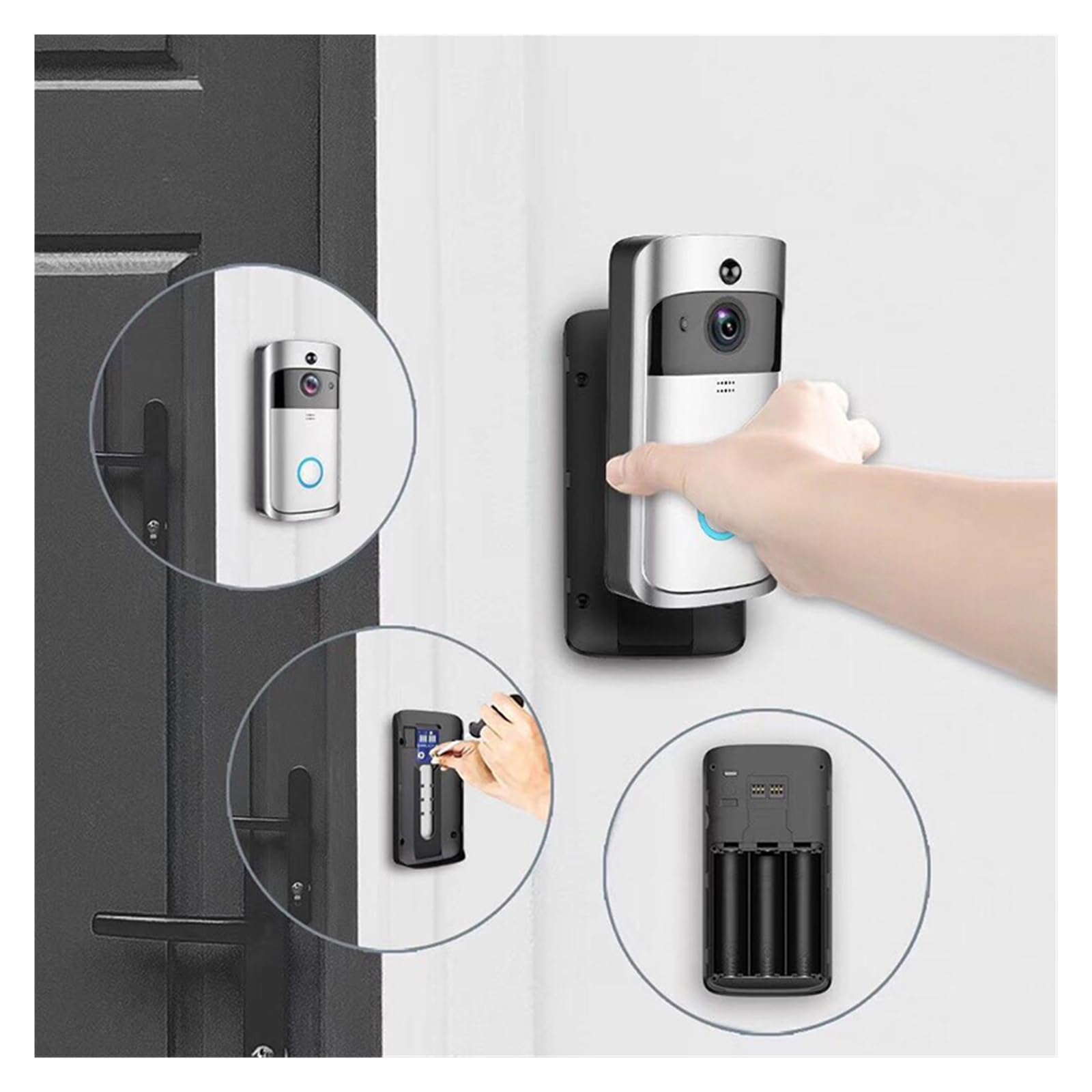 WIFI Bezprzewodowy Inteligentny Dzwonek Do Drzwi Night VisionVoice Wideodomofon PIR Wykrywanie Ruchu Antywłamaniowy Aparat Telefoniczny WyraźNy Wyświetlacz Ochrona Każdą Pogodę(Silver black)