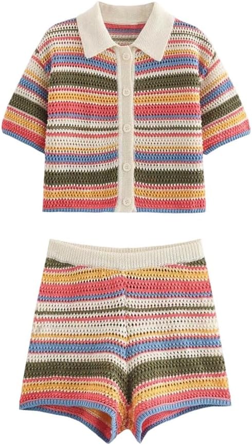Women's Patchwork Striped Hollow Out Knit Shorts Suit