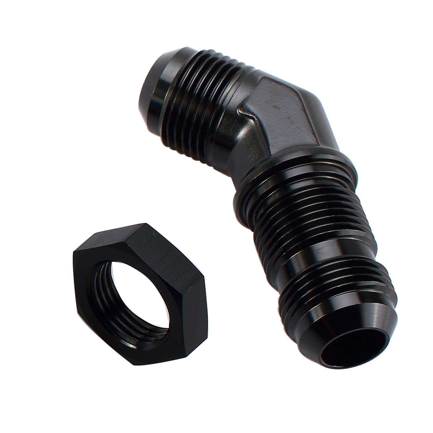 AC PERFORMANCE Aluminum 45 Degree -6 AN Male Flare Union Bulkhead Fuel Fitting with AN6 Bulkhead Nut, Black