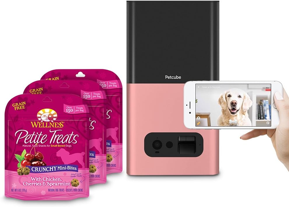 Petcube Bites Pet Camera (Rose Gold) with compatible Wellness Petite Grain Free Dog Treats, Variety Bundle