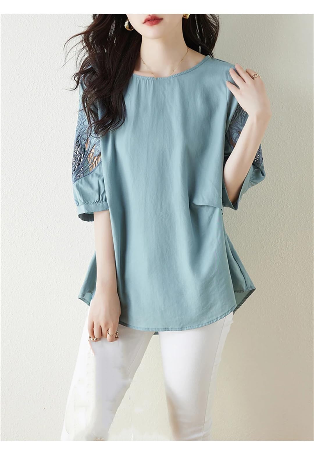 T-shirt d'été uni à col rond pour femme - T-shirt ample et irrégulier