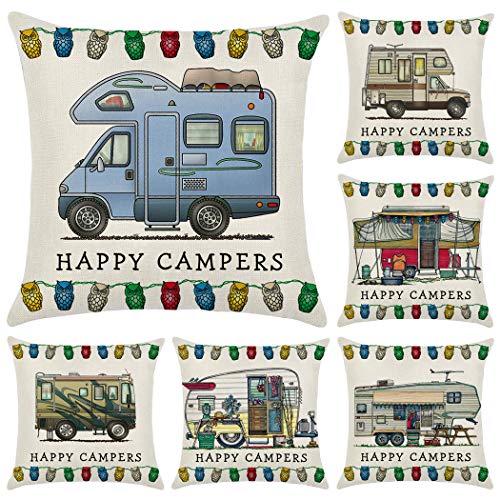 Hodeacc 6 Piezas Happy Campers Van Throw Pillow Covers Funda de cojín, Fundas de Almohada para Autocaravana, Regalo de Viaje, decoración del hogar, 18 x 18 Pulgadas, Solo Estuche Cover