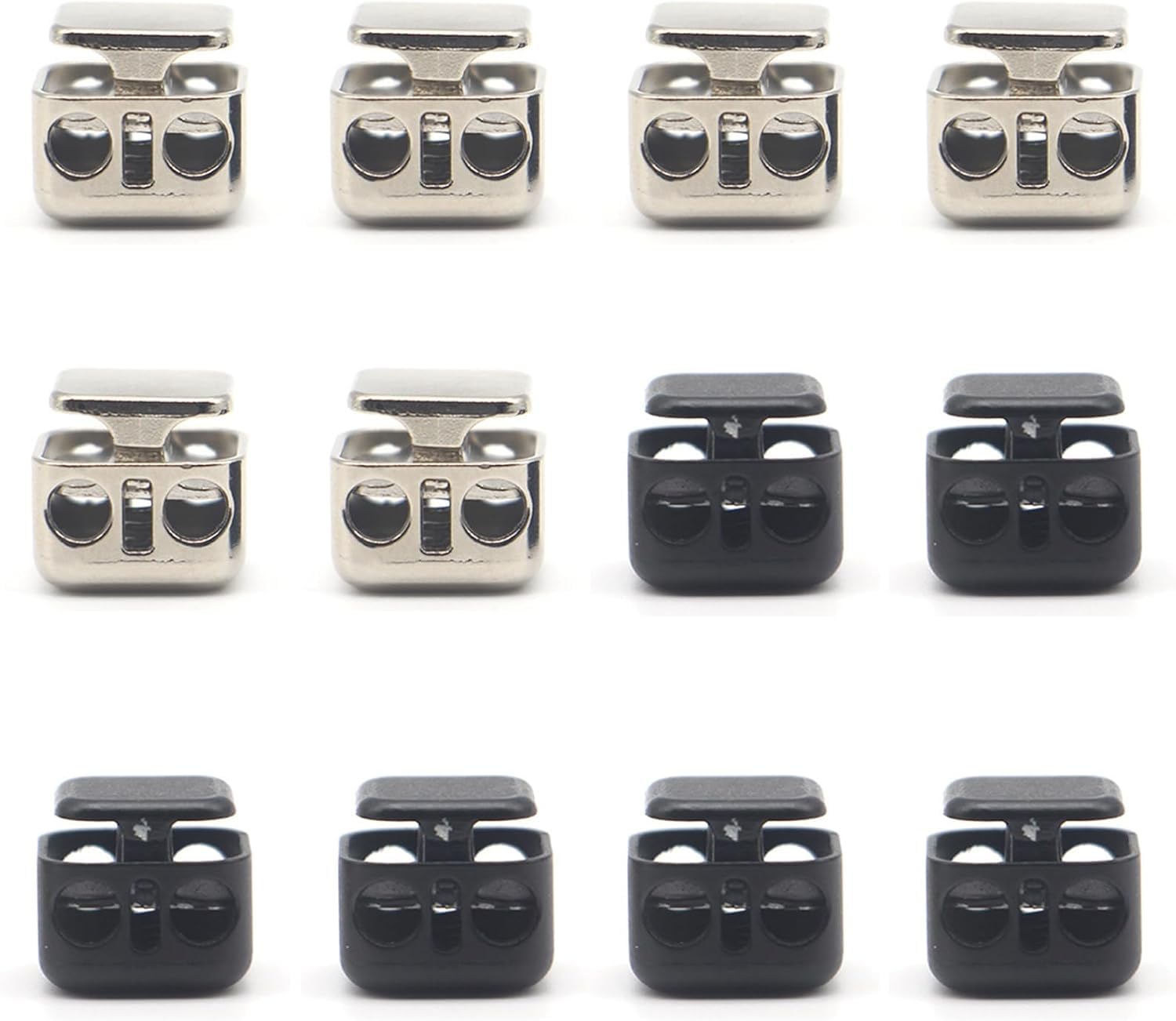 Ceegeww 12Pcs Heavy Duty Cord Locks,Double Hole Toggles For Drawstrings,Durable Metal Spring Stopper Fastener For Shoelaces, Bags, Hoodies, Pants, Lanyards, Paracord, Hats (Black And Silver)