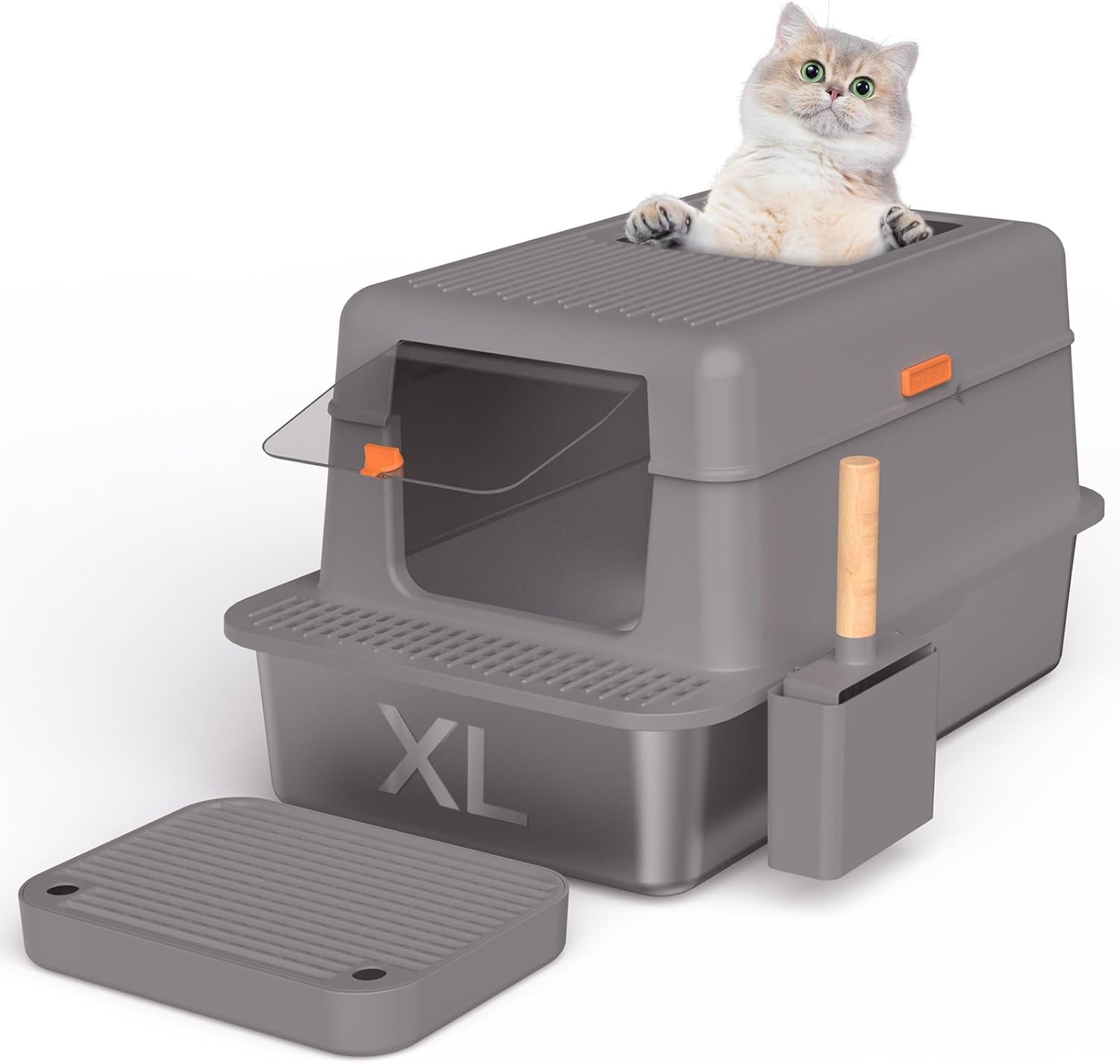 Stainless Steel Litter Box With Lid, Extra Large Cat Litter Box XL,Top Entry & High Sided & Enclosed Litter Box with Scoop and Filter Pedal for Kitty, Big Cats, Anti-Leakage, Easy Cleaning, Non-Sticky darkgrey