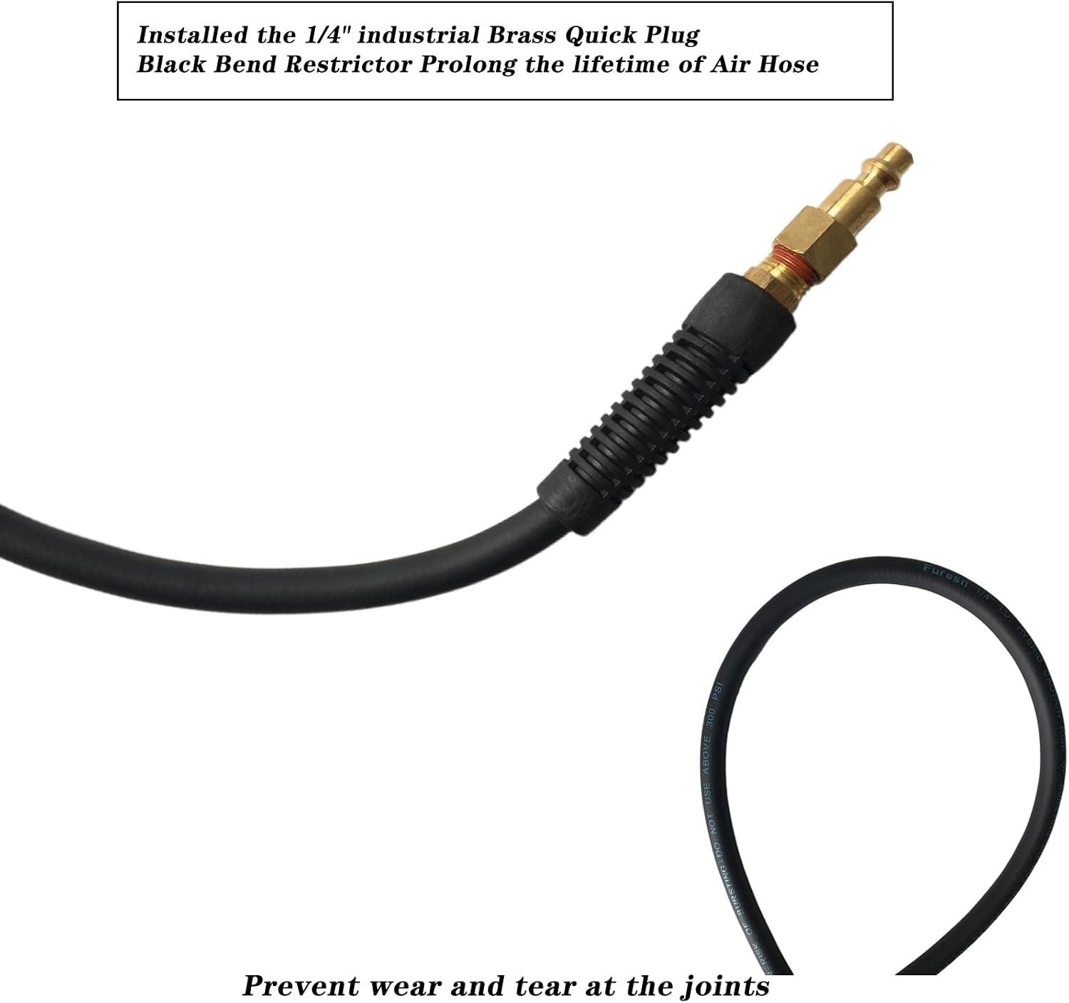 Air Hose 1/4 in x 10 ft, Heavy Duty, Lightweight, Kink Resistant, Hybrid Air Compressor Hose with 1/4 in Solid Brass Male Fittings, Bend Restrictors, 300 PSI (10FT, Black)