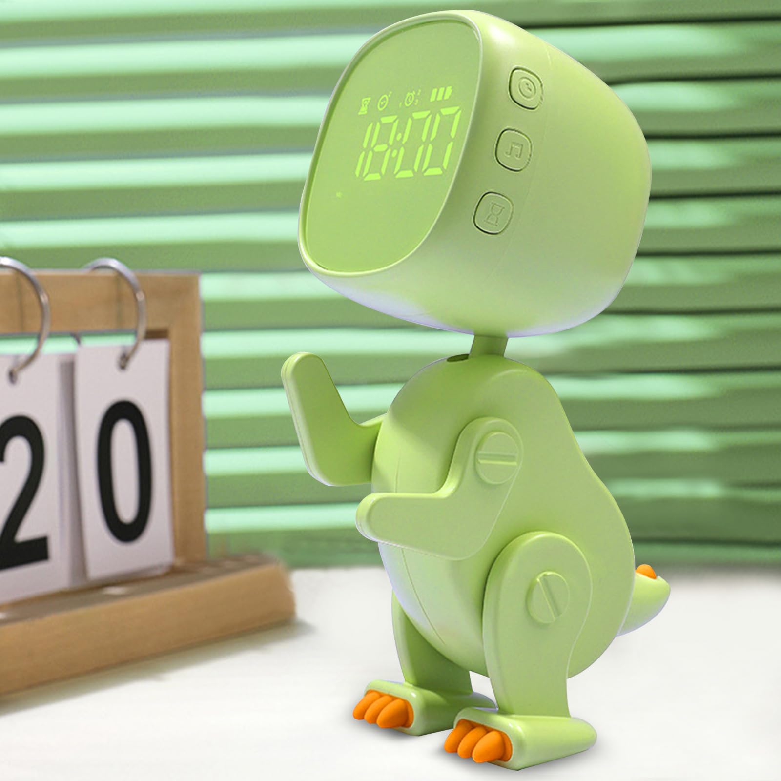 Reloj despertador digital para niños, luz nocturna de dinosaurio con 3 grupos de alarma, sonido y brillo regulable en carga USB, color verde