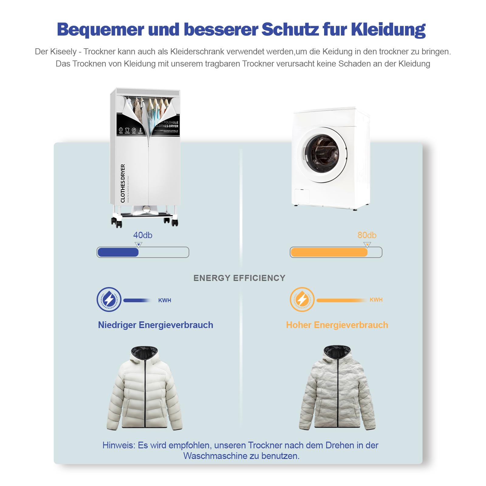 Wäschetrockner, Tragbare Trockenmaschine mit Timer, 60inch Wäschetrockner mit großer Kapazität, elektrischer Trockner/Rack für Zuhause (Grau QW1)