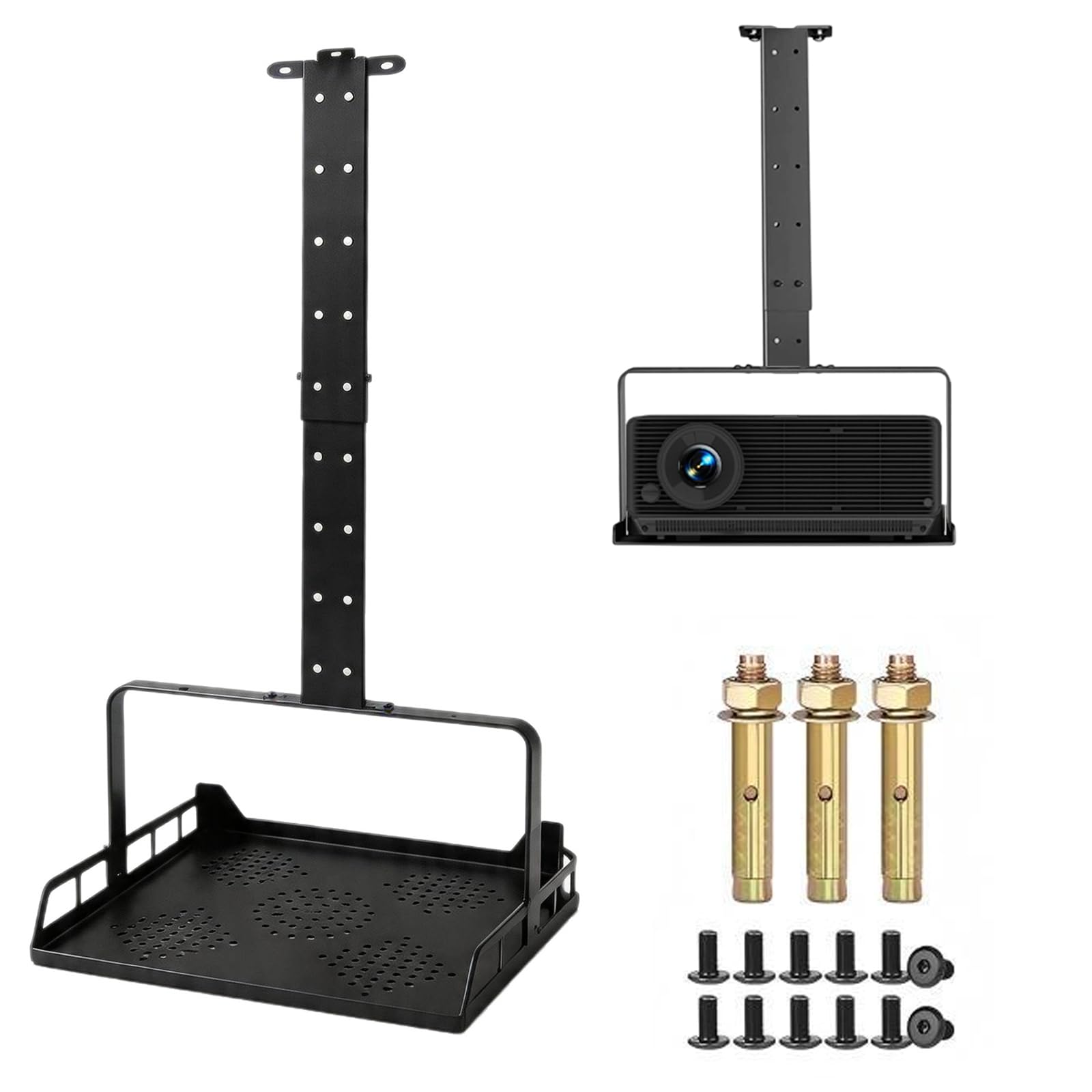 Support de Plafond Vidéoprojecteur Télescopique Réglable 30 à 56cm Noir, Support Universel Charge Max 10kg avec Etagère Ventilée et Guide-Câble Intégré pour Home Cinéma Bureau