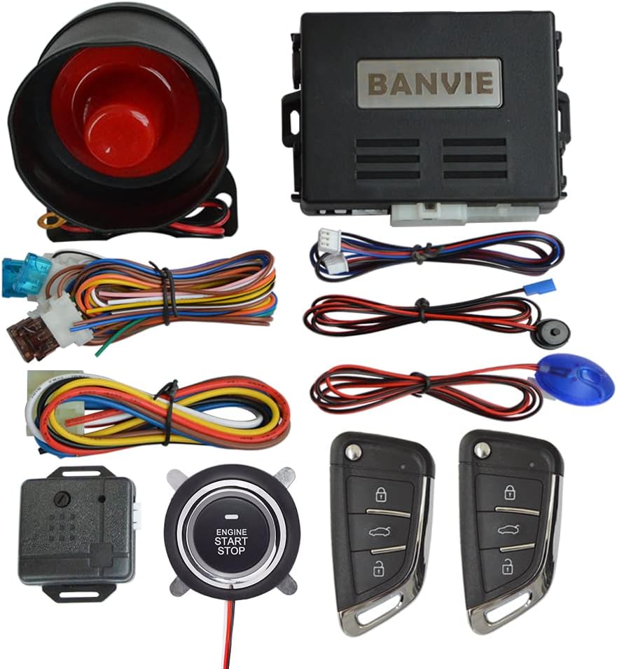 BANVIE Car Alarm System with Remote Starter and Engine Start Stop Push Button (with Siren)