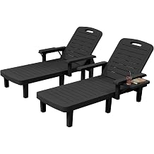 UDPATIO Outdoor Lounge Chair Set of 2 with Arms, Resin Reclining Patio Chaise with Side Table - 5-Position Adjustable Sunbed, Waterproof Pool & Beach Reclining Chair