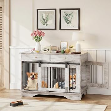 47 Inch Dog Crate Furniture with 2 Drawers, Wooden End Table Indoor Dog House with Divider for Large Medium Small Dogs, Multi-Functional TV Stand