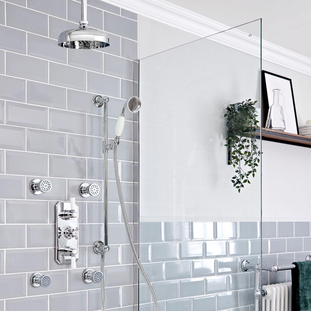Milano Elizabeth Thermostatic Mixer Valve 205mm Shower Head Body Jets Slide Rail - Chrome White