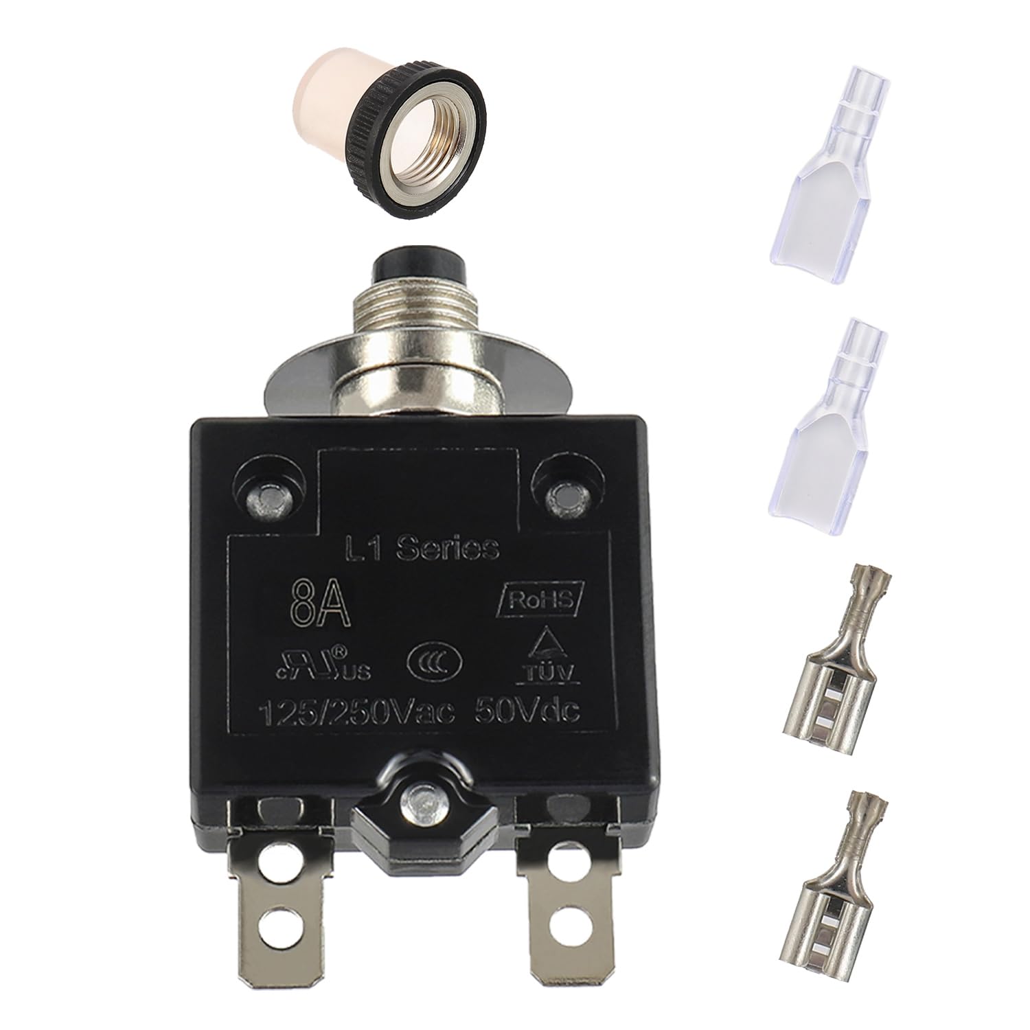 8A Manual Reset Push Button Circuit Breaker 125/250V AC 50V DC Thermal Overload Protector with Quick Connect Terminals and Waterproof Button Caps Assortment Kit(Pack of 2 pcs) — Amazon image 17