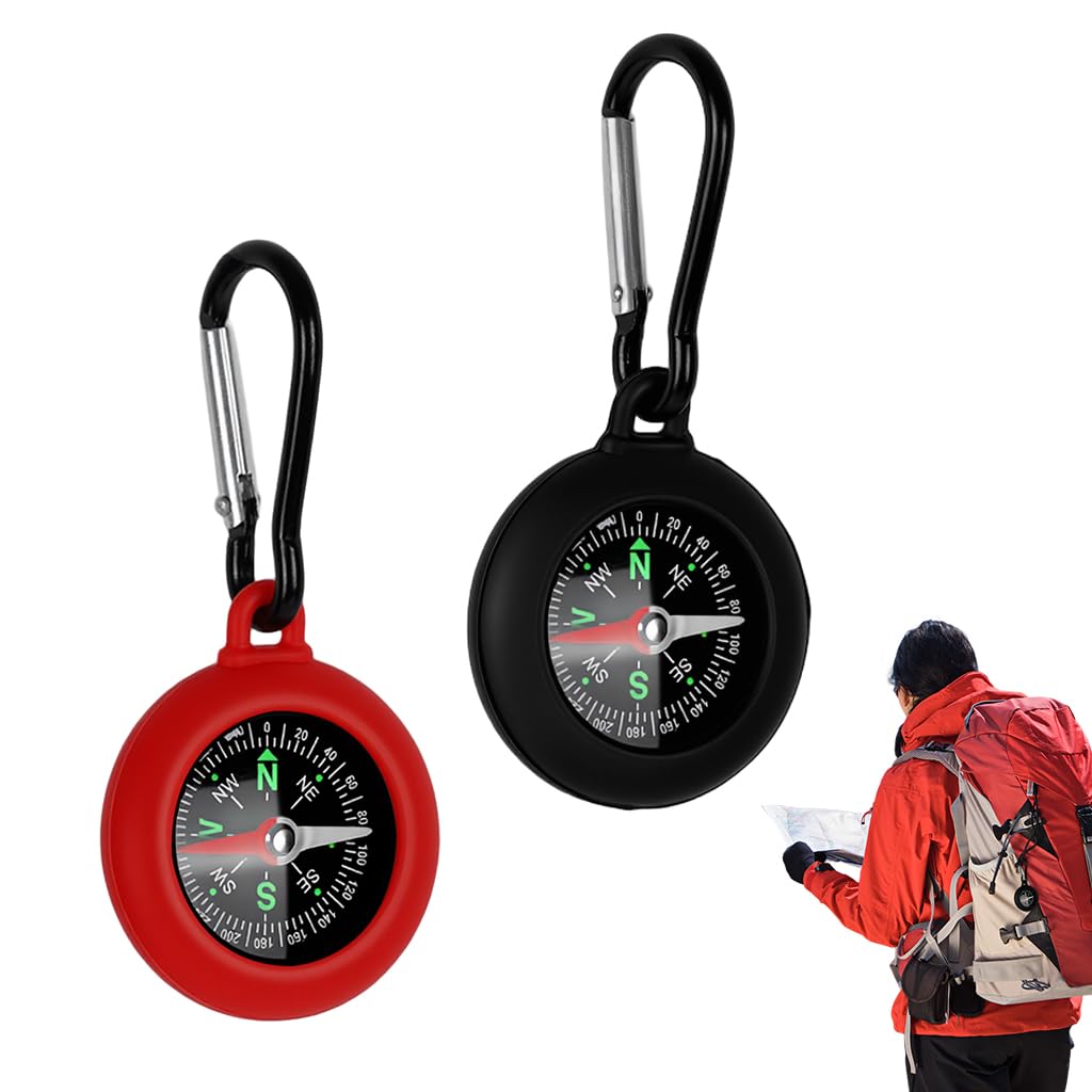 Proberos® 2Pcs Compass with Silicone Coating and Carabiner, Outdoor Adventure Gear for Backpacks, Hiking, and Travel Accessories