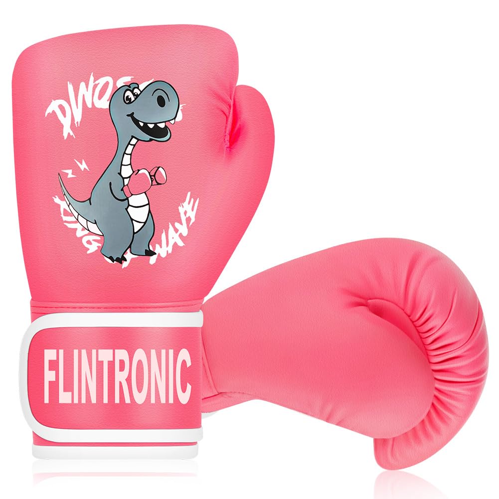 Flintronic Boxhandschuhe Kinder, Kinder Boxhandschuhe, 6oz Junior Boxing Gloves, Kickboxhandschuhe für Muay Thai, MMA, Kampfsport, Kickboxen, Sparring (3-10 Jahre) Dinosaurier Rosa Stil-A