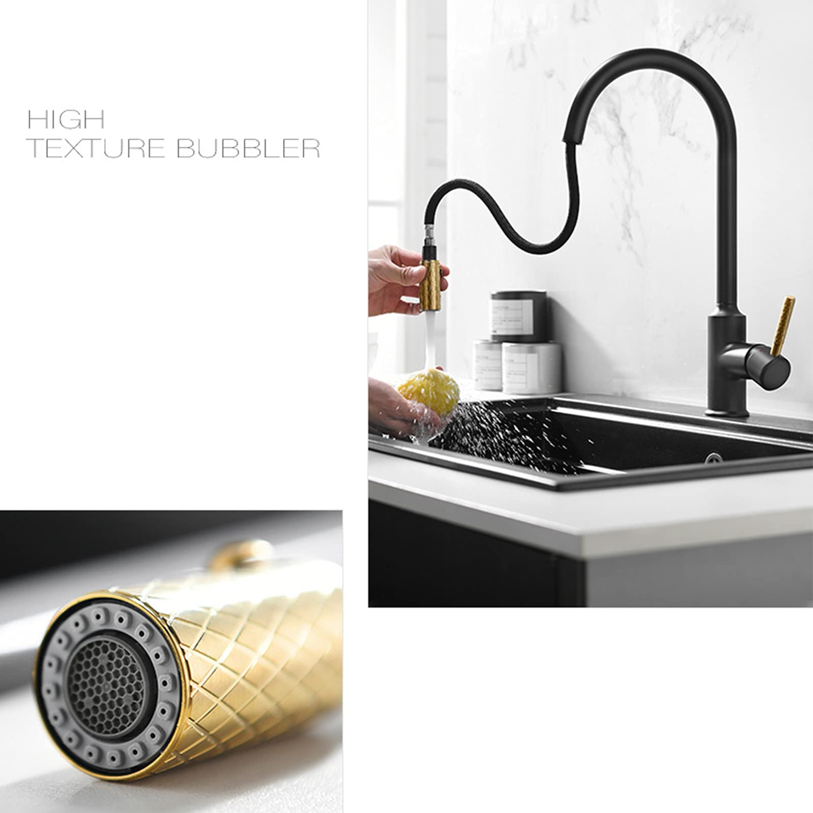 CMBSSTFC Grifo para grifos de baño de Cocina, Grifo de Fregadero abatible Monomando de latón Macizo con rociador de 2 Modos, Mezclador Giratorio de Arco Alto para Agua fría y Caliente, Oro Negro
