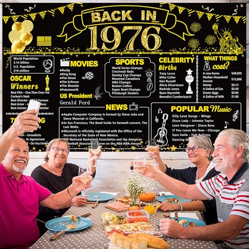 Image of DARUNAXY 50th Birthday Black Gold Party Decoration, Back in 1976 Banner 50 Year Old Birthday Party Poster Supplies Vintage 1976 Backdrop Photography Background for Men & Women 50th Class Reunion Decor