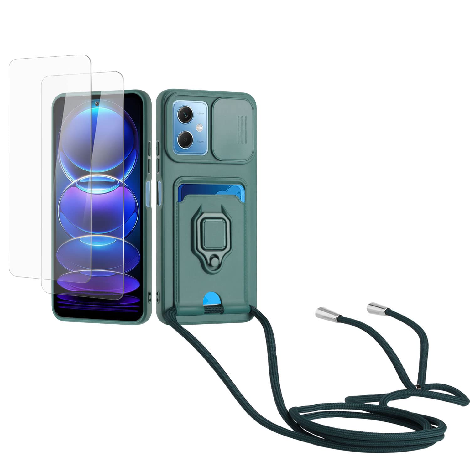 Kaslly Funda con Cuerda para Samsung Galaxy A35+[2 Pack Protector Pantalla],Case con Ranura para Tarjetas,Cubierta de Cámara Deslizante Proteger,Doble Cara Protección-Negro — view 65
