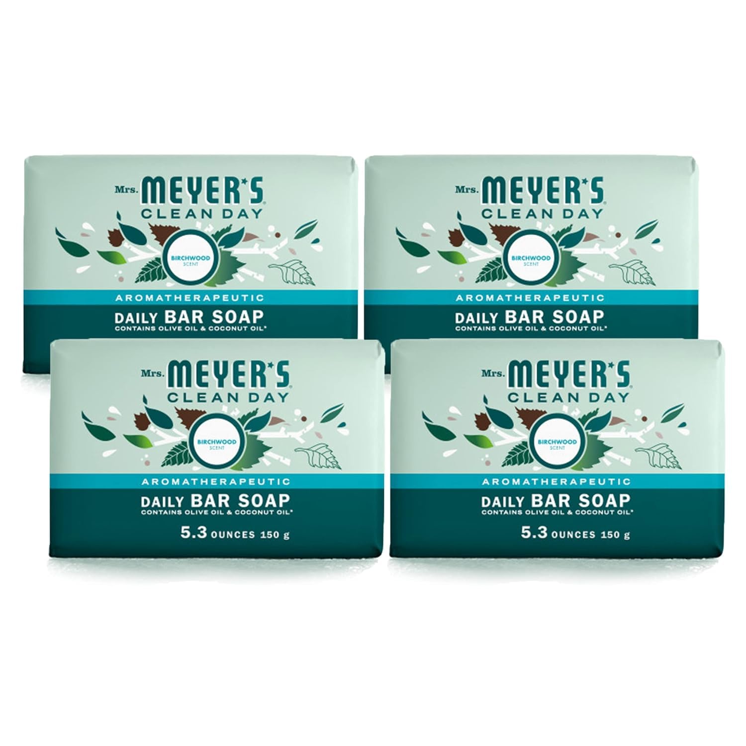 MRS. MEYER'S CLEAN DAY Bar Soap, Use as Body Wash or Hand Soap, Made with Essential Oils, Birchwood_, 5.3 oz, 4 Bars