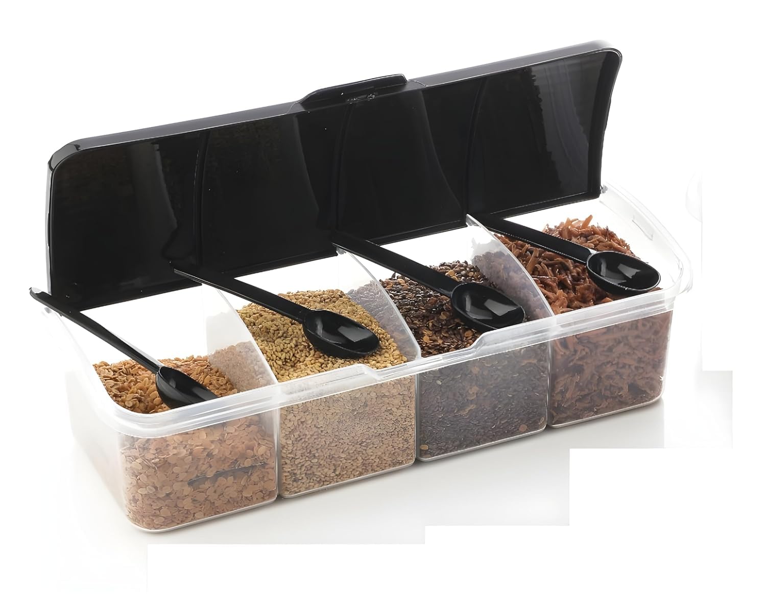 Vetalic Multipurpose 4 In 1 Masala Box for Kitchen, 4 Compartment Storage Container for Spices, Pickle, Dry Fruits,Grains, Snacks,1800 Ml Capacity with 4 Spoons (Black) (1)