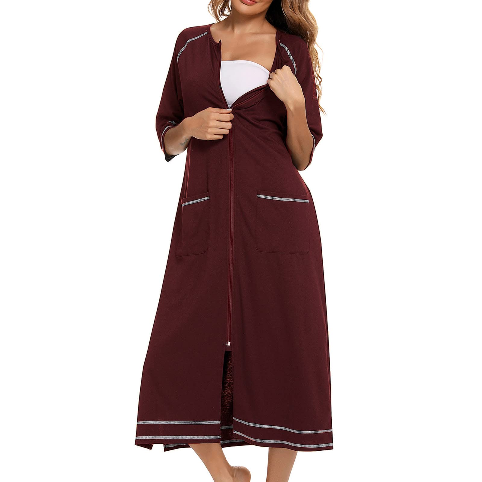 Robe de chambre en coton pour femme - Légère et douce - Avec fermeture éclair - Longueur totale - Confortable - Vêtement de détente
