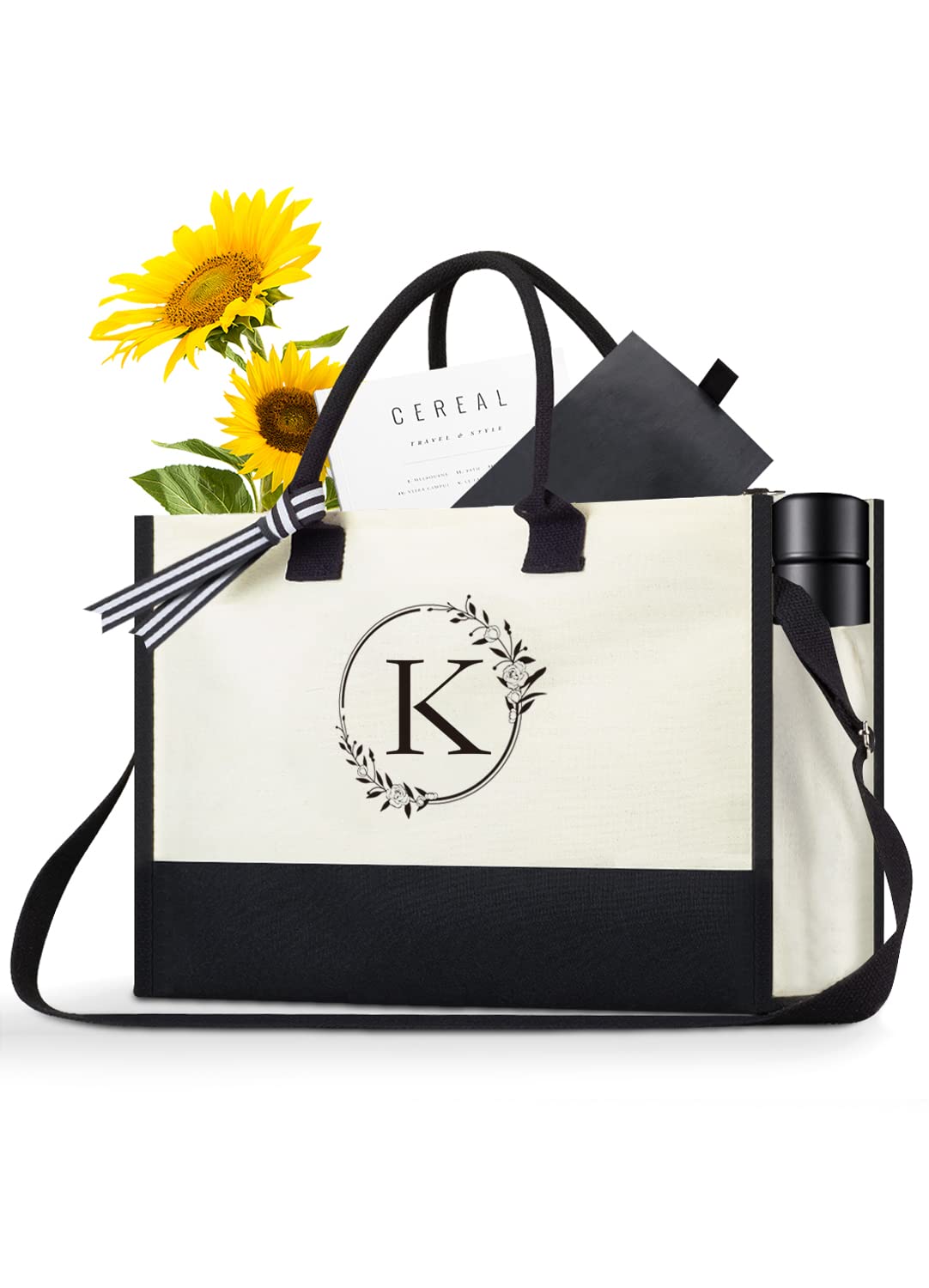 Photo 1 of *** LETTER IS AN I*** Initial Canvas Beach Tote Bag - Personalized Monogram Tote Zipper Pocket Letter Bag Adjustable Strap Birthday Gift for Women