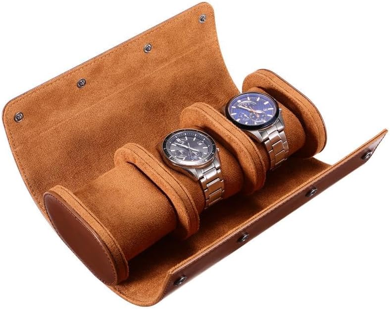 HATOFES Watch Box for Men Watch Roll Case 3 Slot Leather Watch Case
