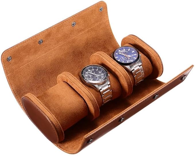 HATOFES Watch Box for Men Watch Roll Case 3 Slot Leather Watch Case