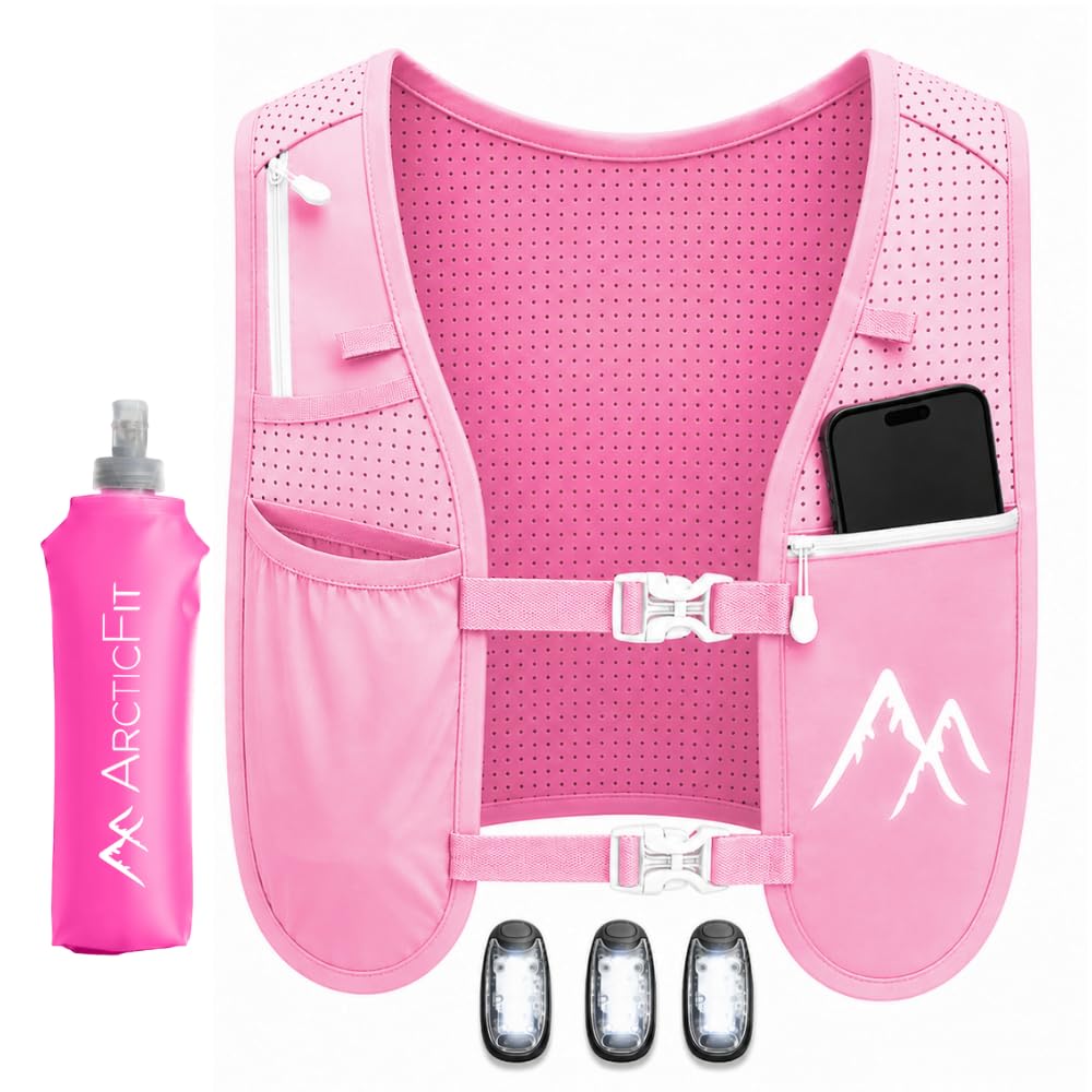 Pink ArcticFit LED Running Vest - Adjustable Unisex Reflective Vest with Phone Holder and Storage - Lightweight and Durable Running Backpack Alternative - Hydration Vest for Marathon & Night Trainings
