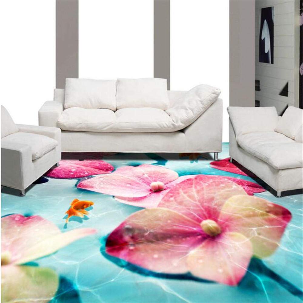 Papel pintado de encargo de la foto de la flor rosada Goldfish cuarto de baño papel pintado del PVC auto-adhesivo del suelo wallpaper-200cmX140cm
