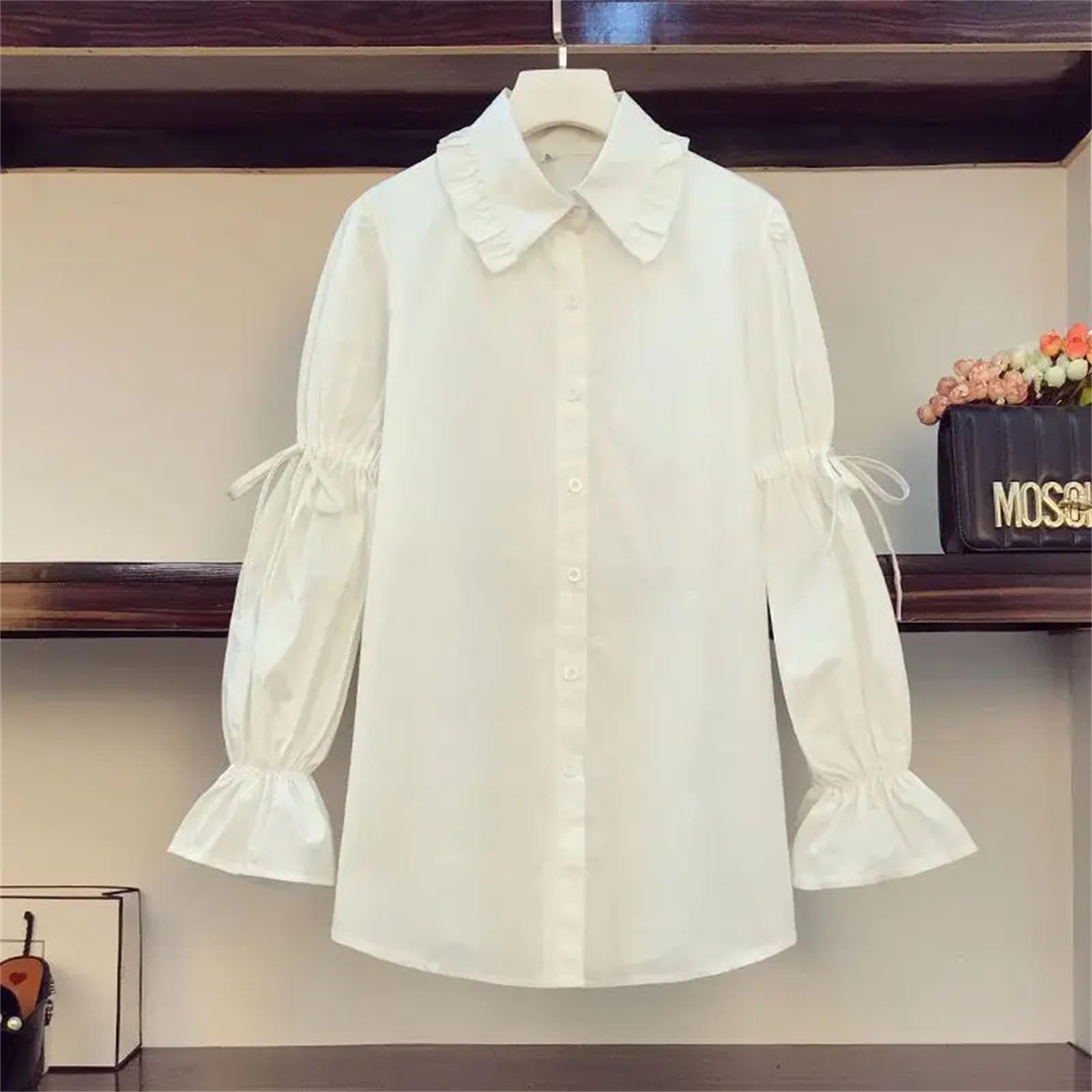 Camicia da donna con risvolto con volant e risvolto primaverile, set di due pezzi, gilet e camicetta con coulisse