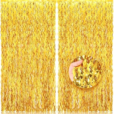 PIGETALE 2 Pack 3.2x6.5 Feet Wavy Gold Foil Fringe Backdrop Curtains Tinsel Streamers Dance Party Decorations Photo Booth Props for Bachelorette Bridal Shower Birthday Wedding Christmas New Years Eve Cover