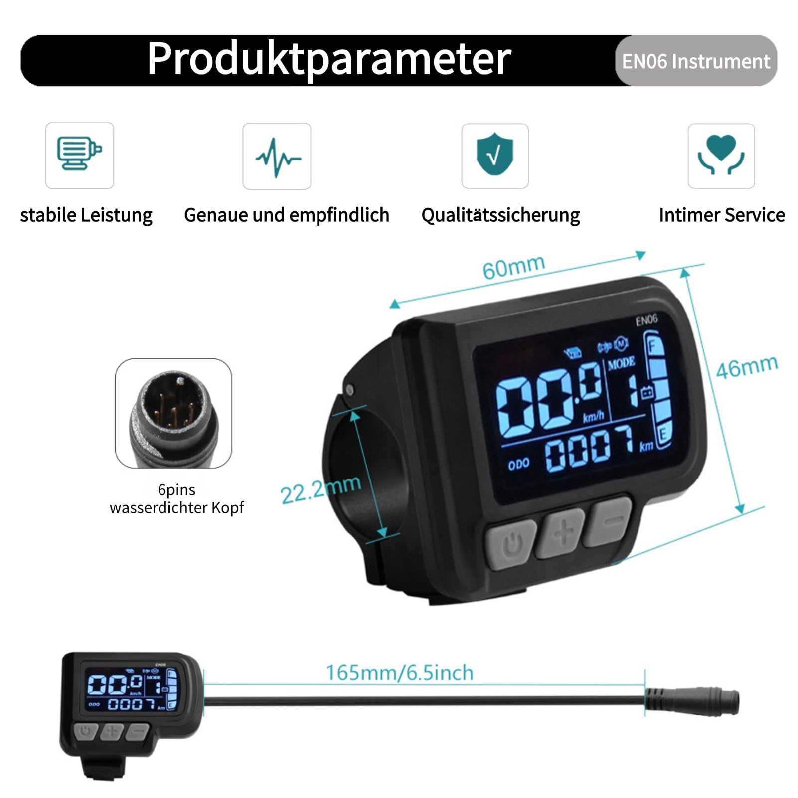 LCD Bike Display EN06 with Speedometer, Waterproof Cable 6-Pin Connector, 24V 36V 48V 60V Electric Bike Display for E-Bike
