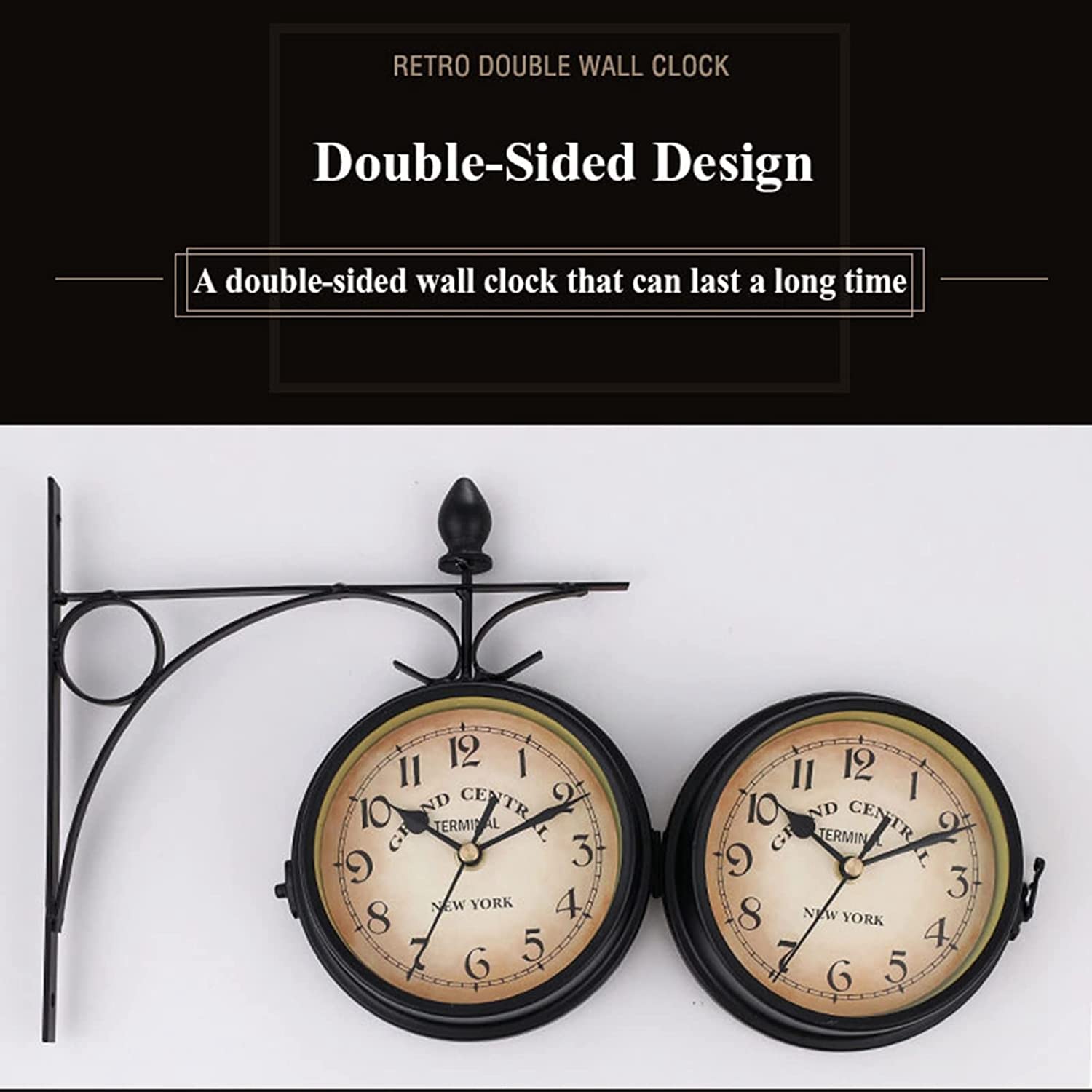 Reloj De Pared De 9 Pulgadas, Doble Cara, De Hierro Forjado, para Jardín, Resistente Al Agua, para Exteriores E Interiores, Decoración Exterior, Reloj De Pared De Cuarzo,Black