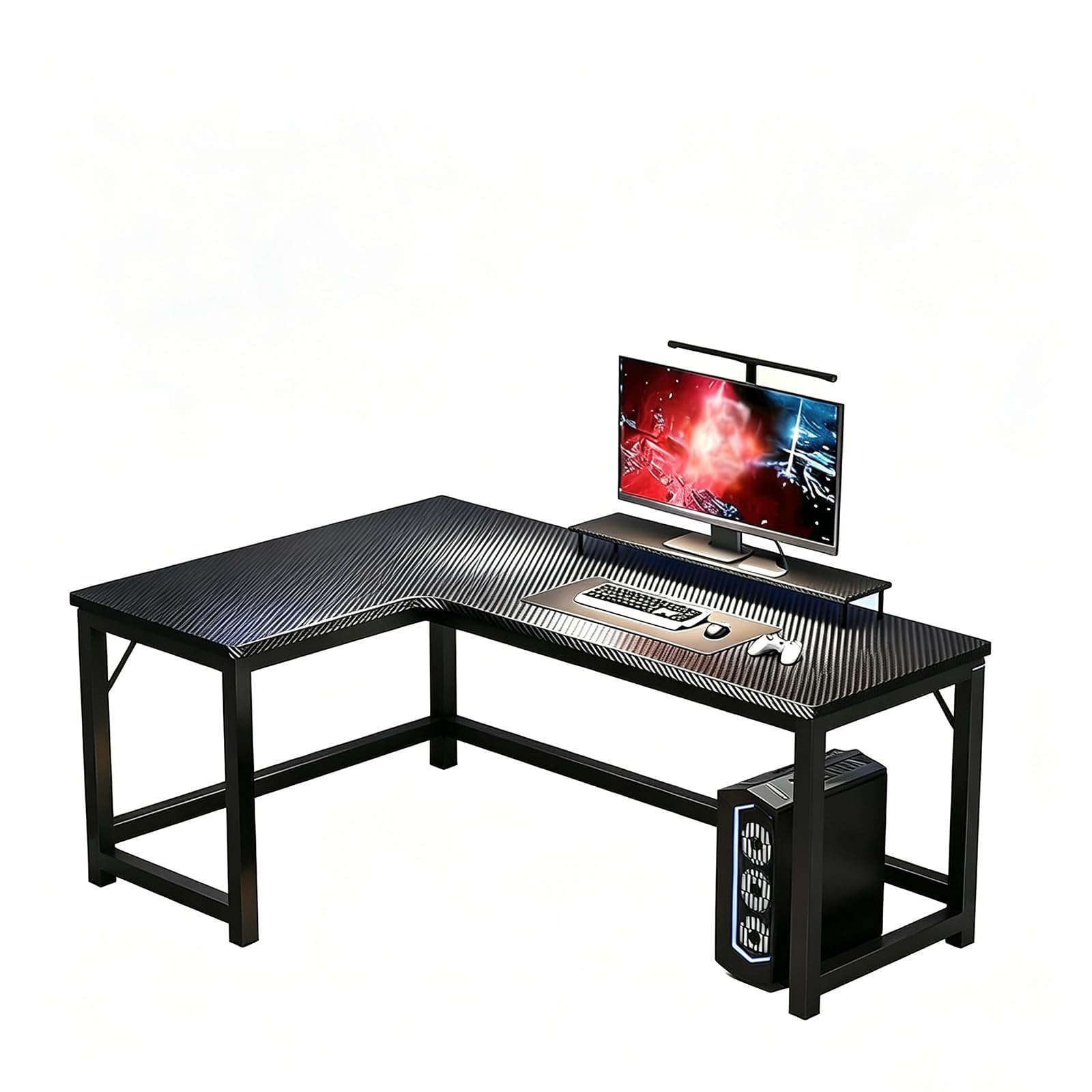 Tavolo per Computer Tipo L, Grande Scrivania Esecutiva, Finitura in Fibra di Carbonio, Base Tipo H, Gestione del Cavo, Capacità 100kg, Tavolo da Gioco Angolare Destro, 140 * 100cm